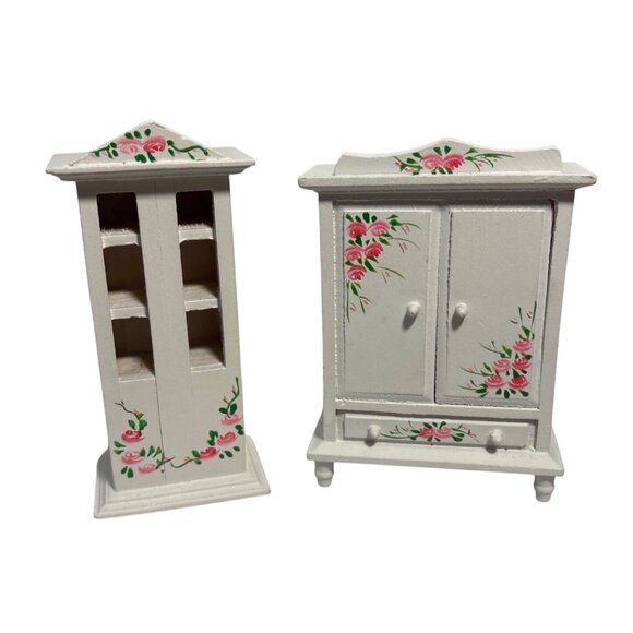 Hand-Painted Miniature Wooden Cabinet & Shelf Set With Floral Design Dollhouse - Picture 1 of 12